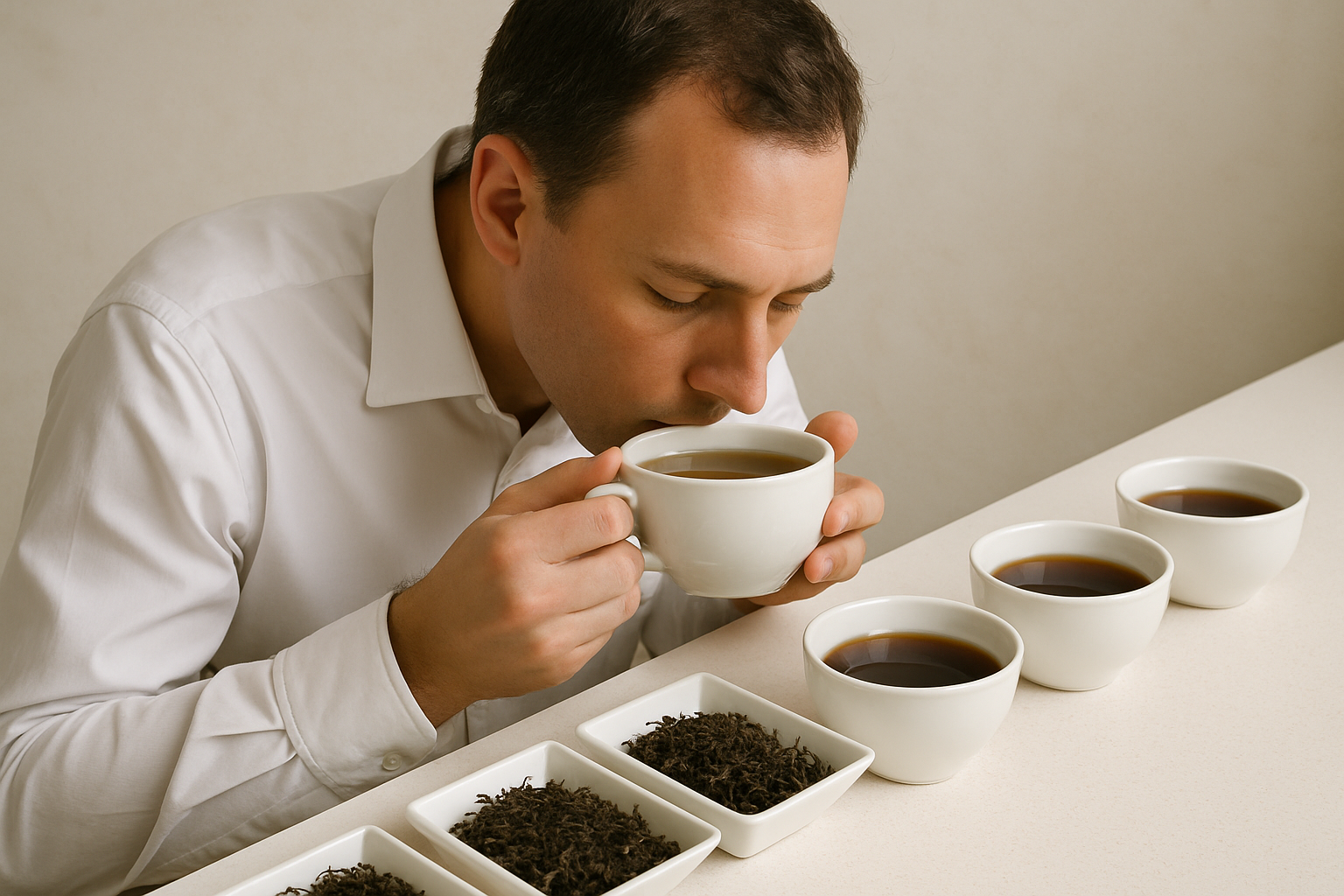 Tea sommelier tasting and grading tea leaves